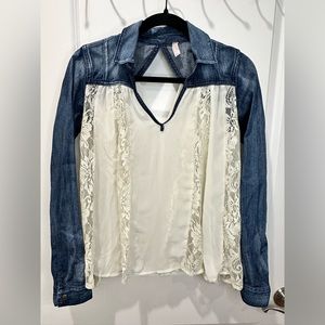 Free People Swing Lace Denim Blouse